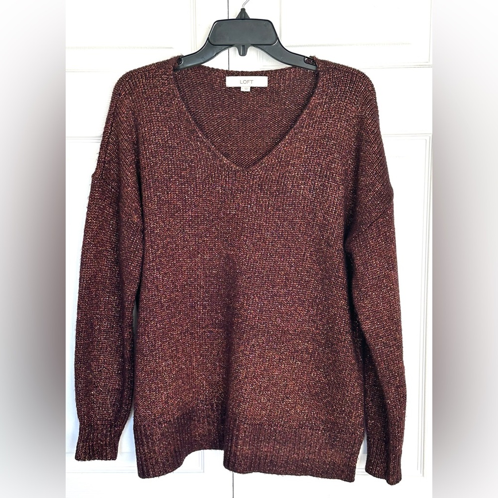 LOFT Sparkling Copper Gold Metallic V Neck Cozy Sweater-Size Large